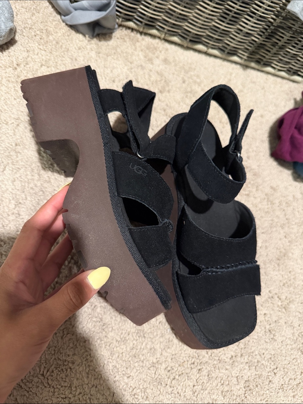 UGG Black Suede Platform Sandal with Brown Sole